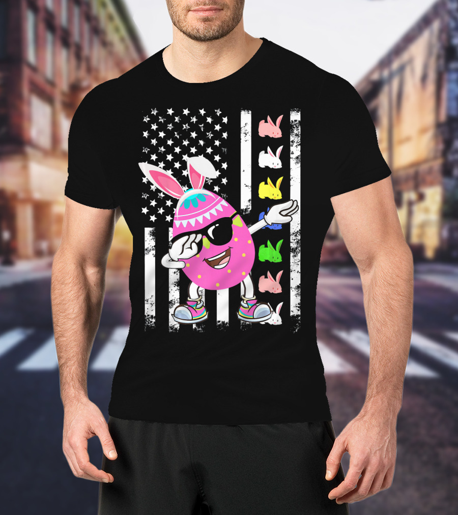 Dabbing Easter Egg Rabbit With American Flag And Bunny Icons T-Shirt