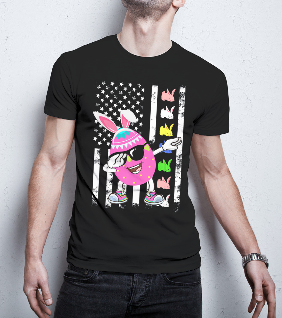 Dabbing Easter Egg Rabbit With American Flag And Bunny Icons T-Shirt