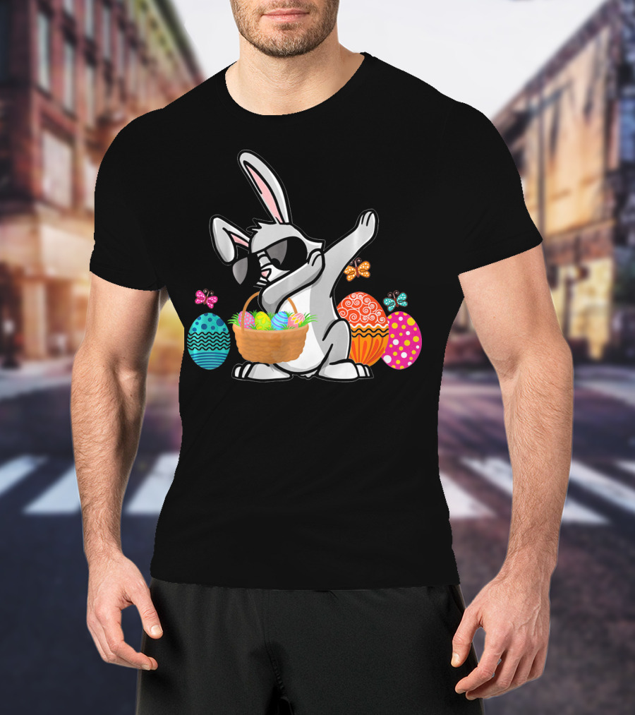 Dabbing Easter Bunny With Sunglasses And Basket Among Colorful Easter Eggs T-Shirt
