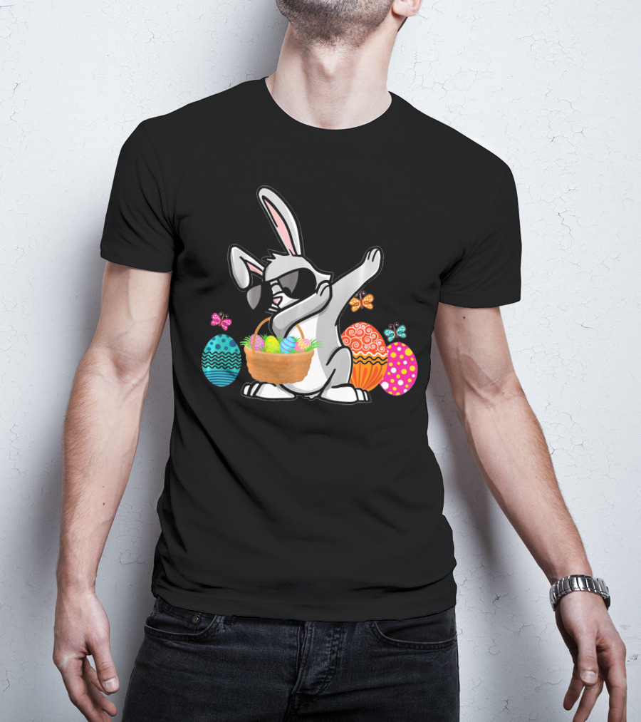 Dabbing Easter Bunny With Sunglasses And Basket Among Colorful Easter Eggs T-Shirt