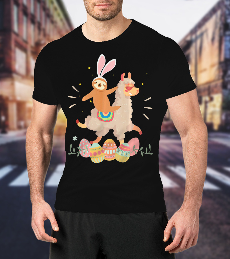 Cute Bunny Sloth Riding Llama Easter Eggs T-Shirt