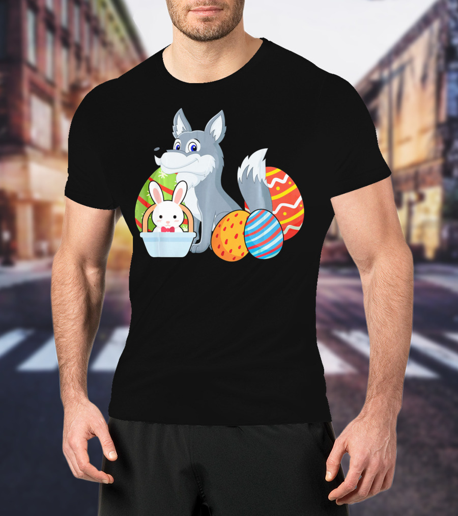 Easter Wolf Happy Bunny With Colorful Eggs T-Shirt