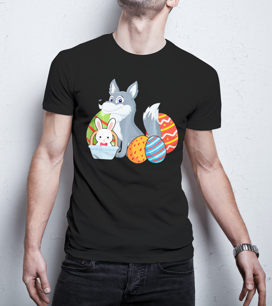 Easter Wolf Happy Bunny With Colorful Eggs T-Shirt
