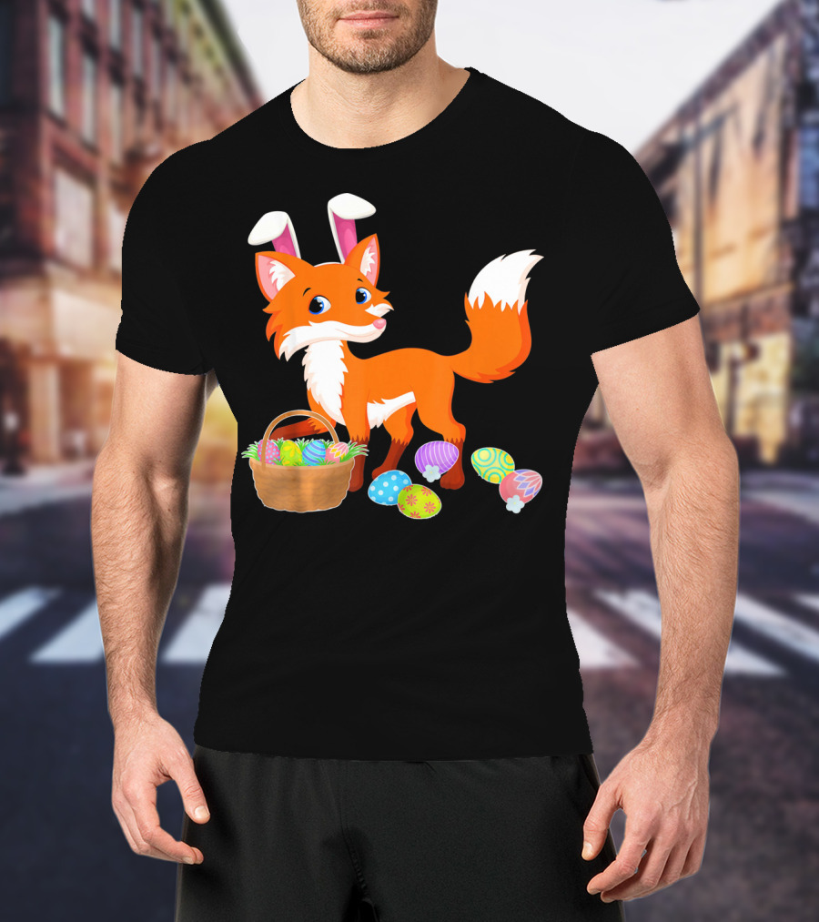 Happy Fox Easter Bunny Ears With Colorful Eggs Basket T-Shirt