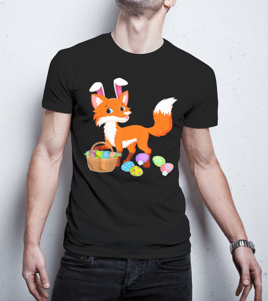 Happy Fox Easter Bunny Ears With Colorful Eggs Basket T-Shirt