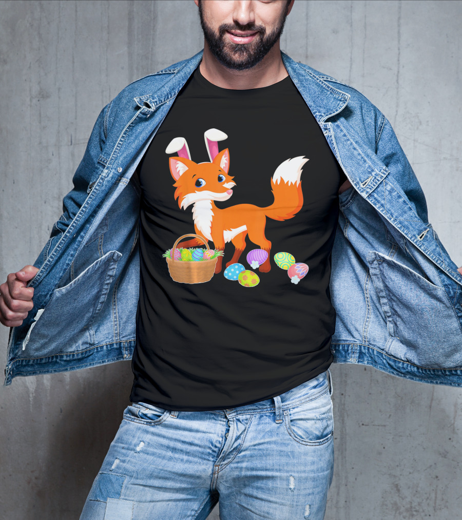 Happy Fox Easter Bunny Ears With Colorful Eggs Basket T-Shirt