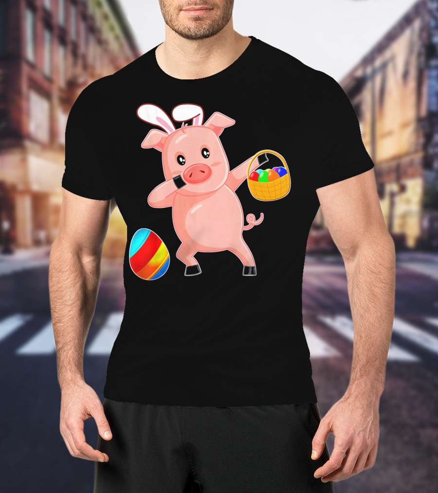 Easter Bunny Dabbing Pig With Colorful Egg Basket T-Shirt