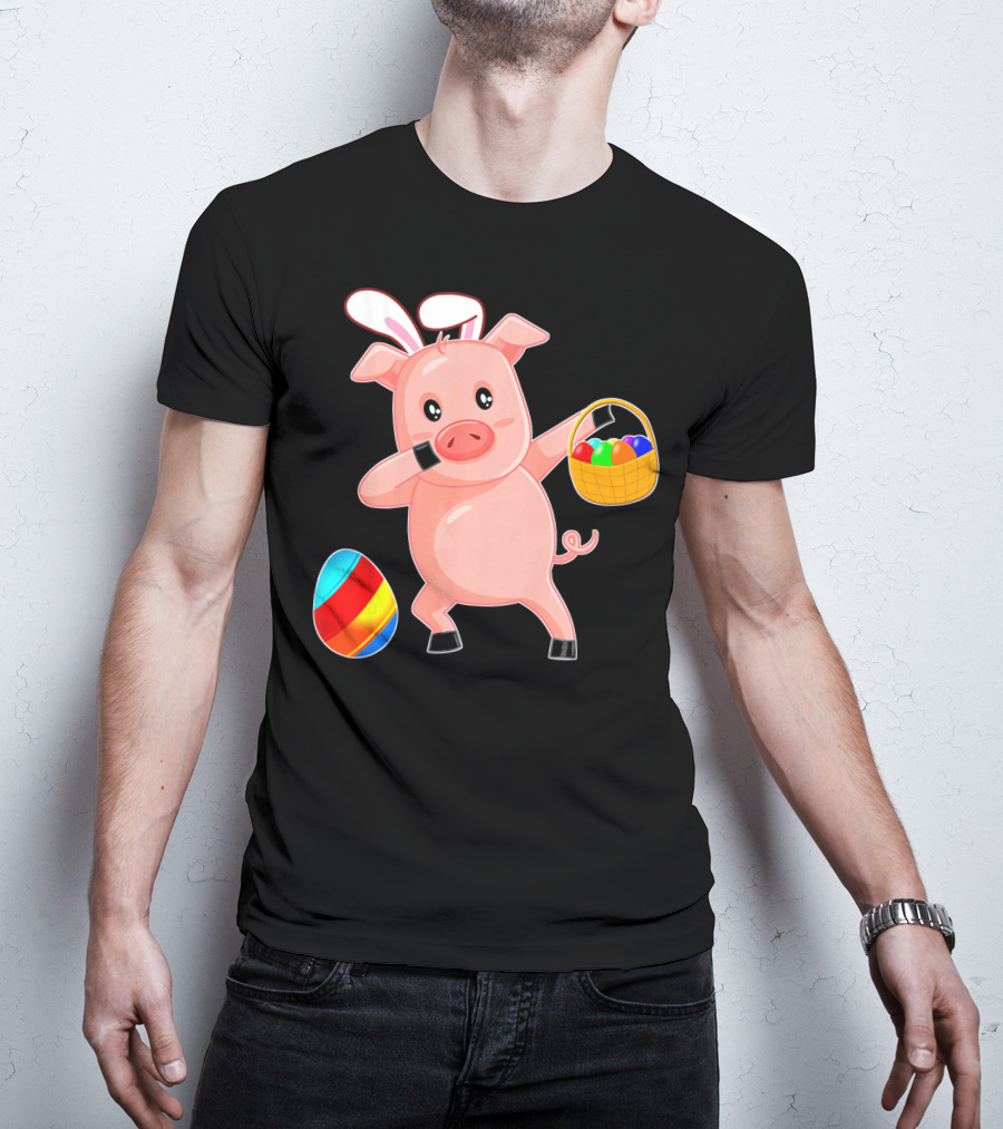 Easter Bunny Dabbing Pig With Colorful Egg Basket T-Shirt