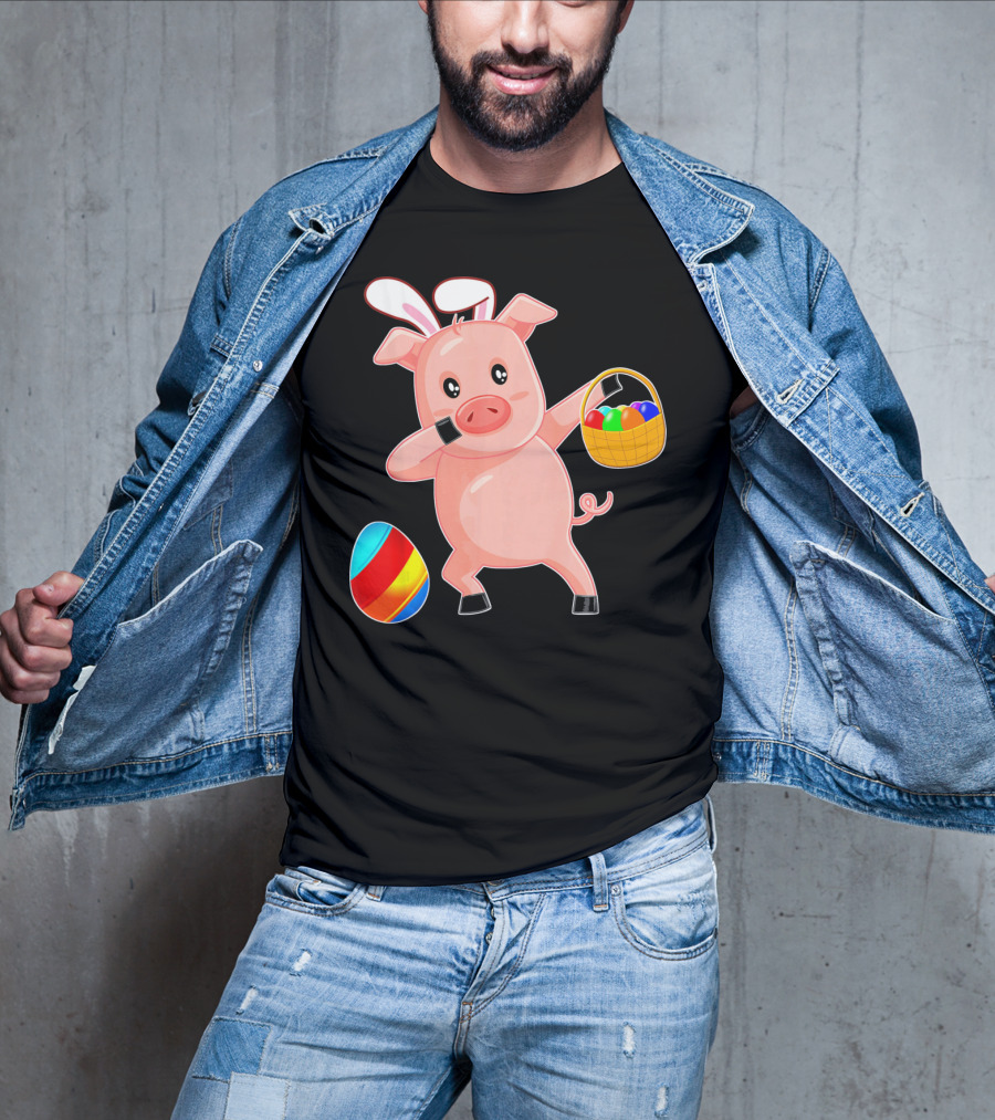 Easter Bunny Dabbing Pig With Colorful Egg Basket T-Shirt