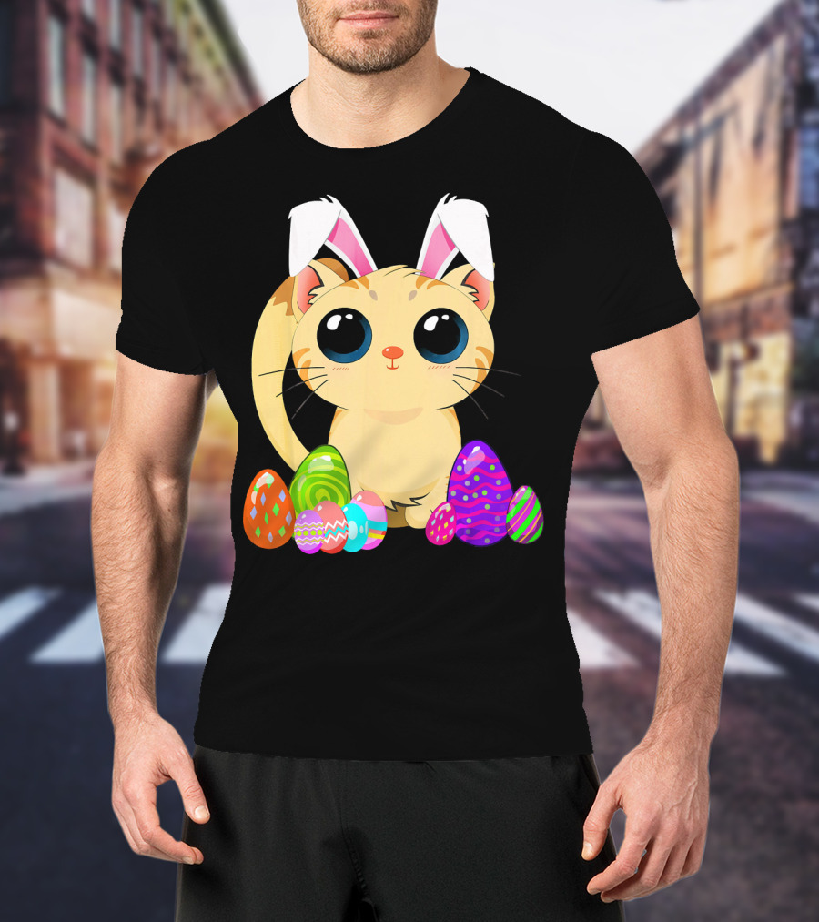 Cute Easter Cat Holiday Bunny Ears With Colorful Eggs T-Shirt