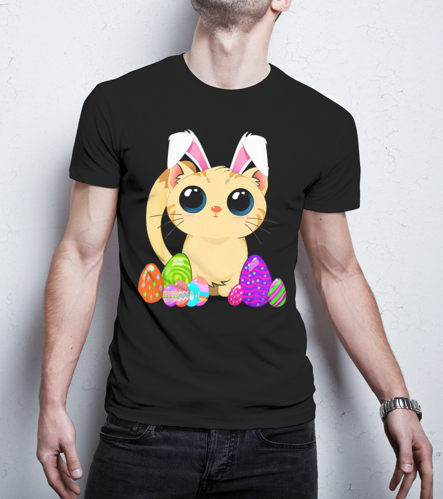 Cute Easter Cat Holiday Bunny Ears With Colorful Eggs T-Shirt