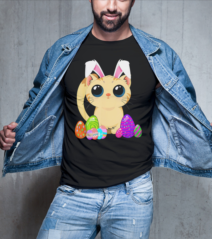 Cute Easter Cat Holiday Bunny Ears With Colorful Eggs T-Shirt
