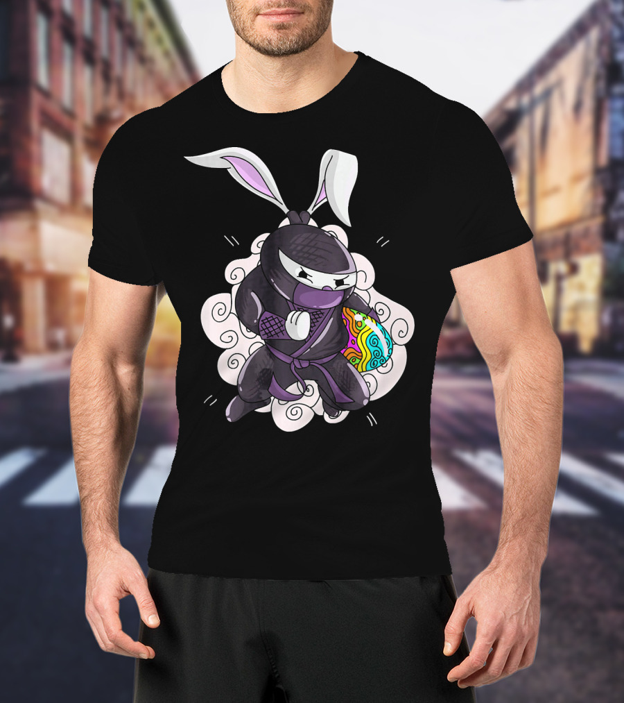 Easter Bunny Ninja Holding Colorful Egg In Cute Little Egg Hunt Scene T-Shirt