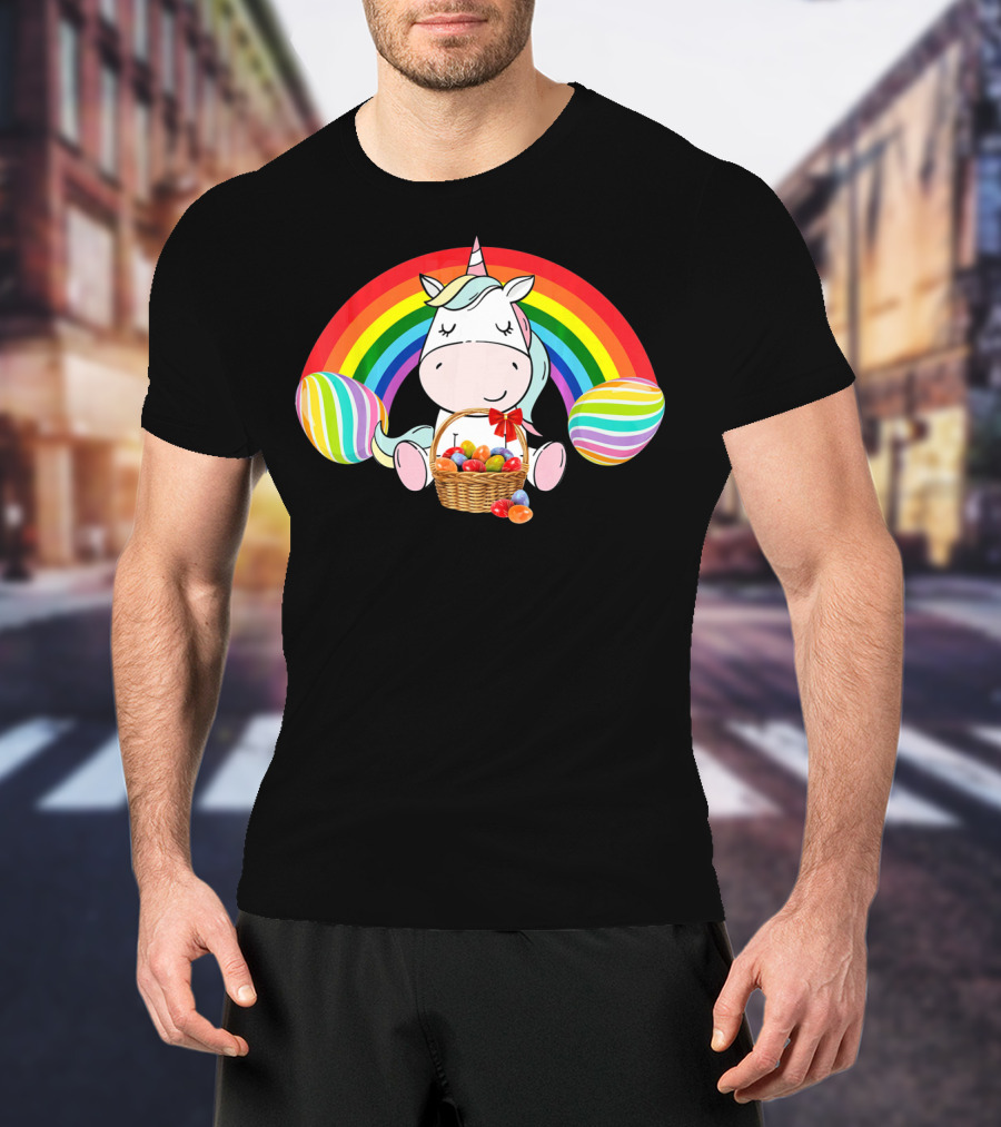 Unicorn Easter With Rainbow And Basket Of Eggs T-Shirt