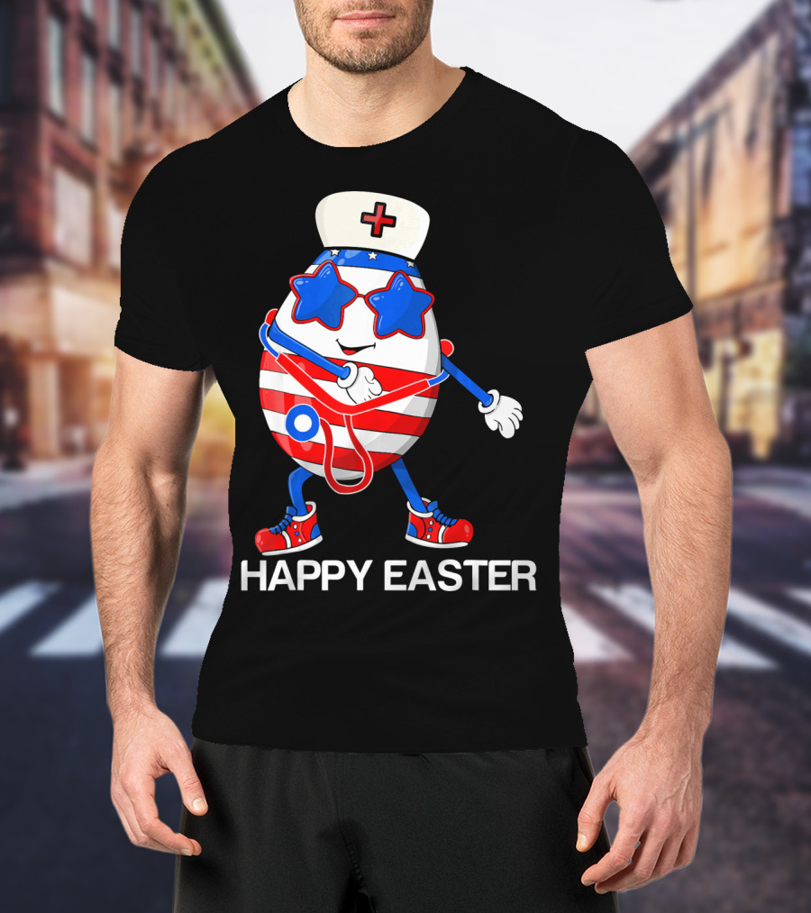 Happy Easter Flossing Egg With Stethoscope Nurse Hat And Stars T-Shirt