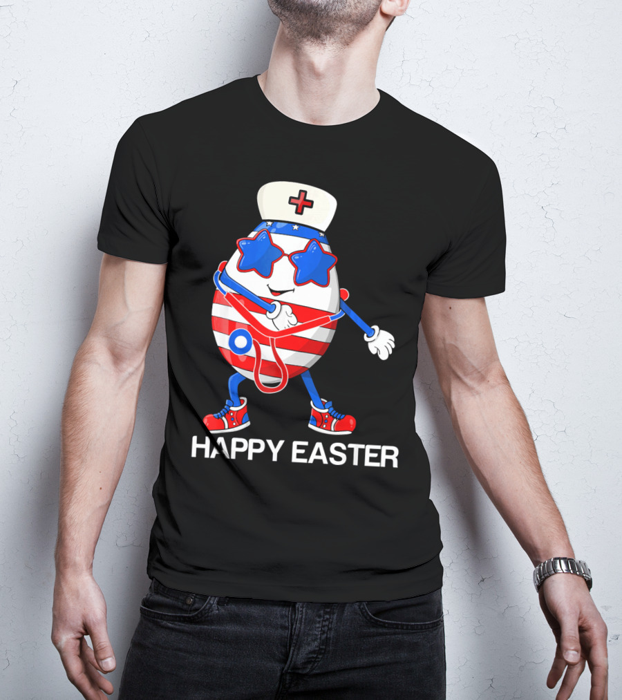 Happy Easter Flossing Egg With Stethoscope Nurse Hat And Stars T-Shirt