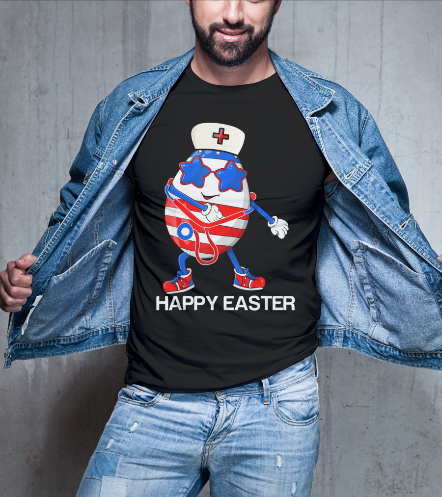 Happy Easter Flossing Egg With Stethoscope Nurse Hat And Stars T-Shirt