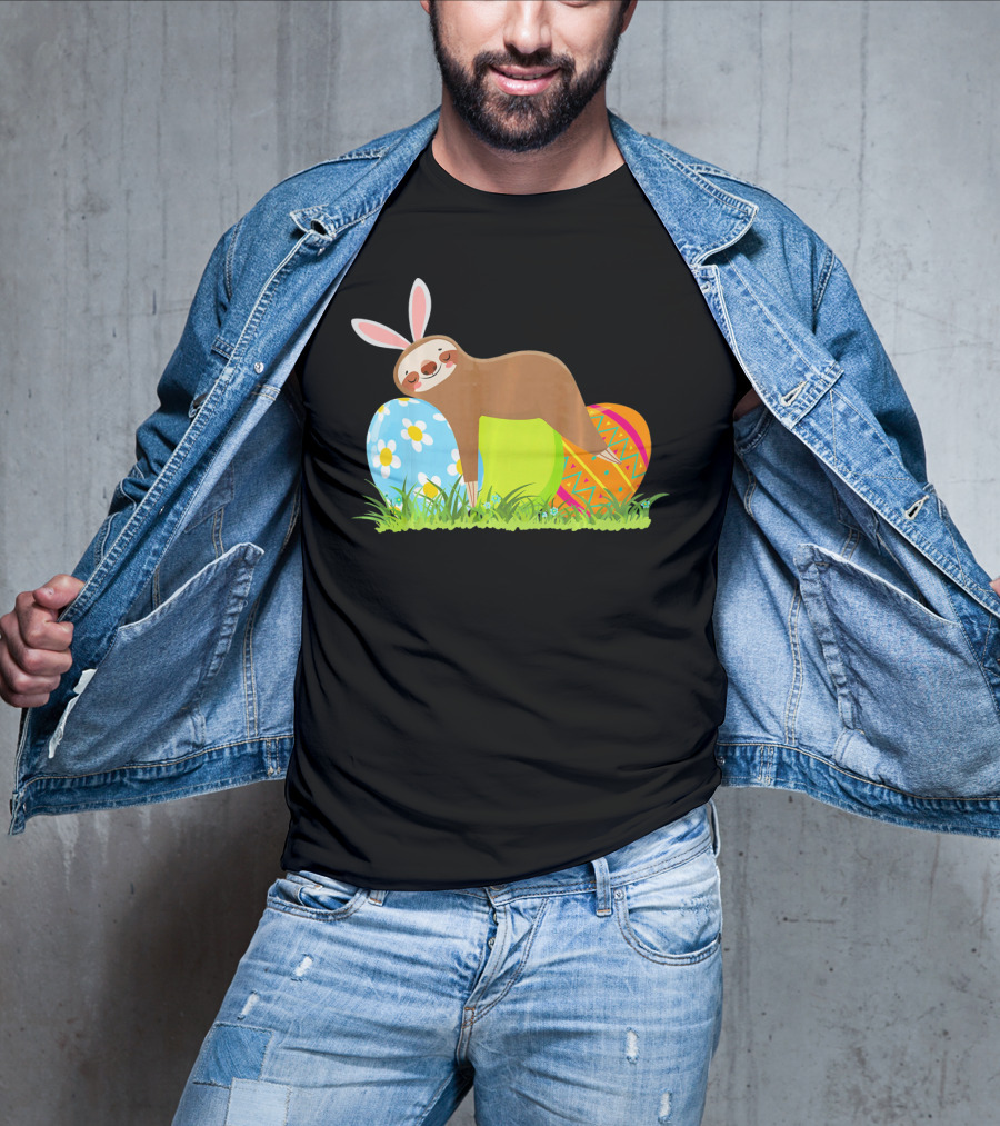 Funny Sloth Easter Day Bunny Ear Egg Decorated T-Shirt