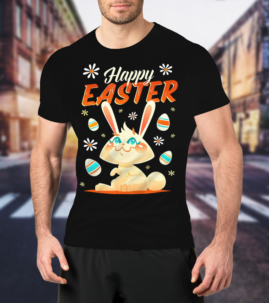Happy Easter Bunny Surrounded By Colorful Eggs And Daisies T-Shirt