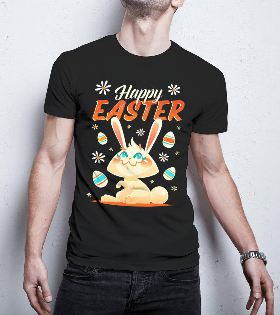 Happy Easter Bunny Surrounded By Colorful Eggs And Daisies T-Shirt