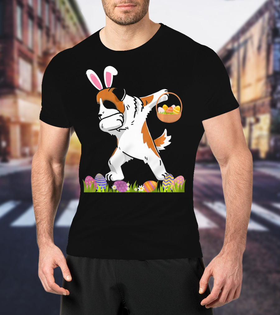 Funny Saint Bernard Dog Dabbing With Easter Bunny Ears And Basket Of Eggs T-Shirt