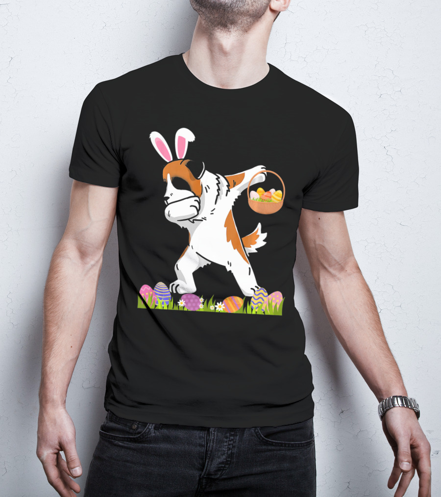 Funny Saint Bernard Dog Dabbing With Easter Bunny Ears And Basket Of Eggs T-Shirt