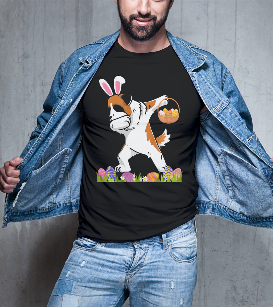 Funny Saint Bernard Dog Dabbing With Easter Bunny Ears And Basket Of Eggs T-Shirt