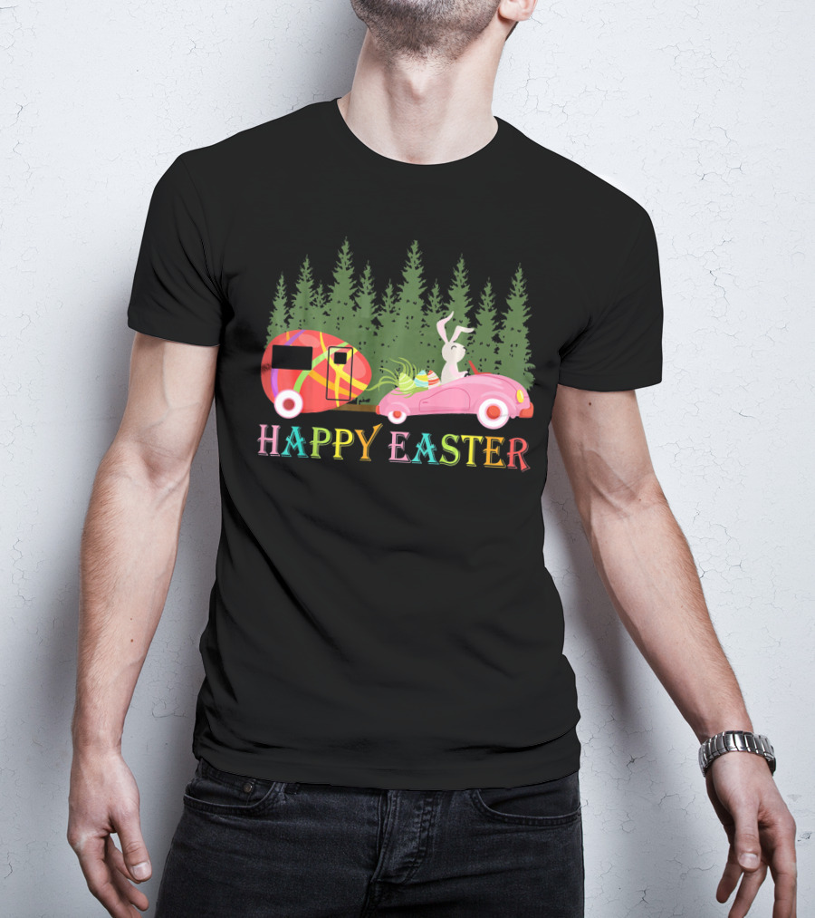 Happy Easter Day Bunny With Egg Camper And Car In Forest T-Shirt