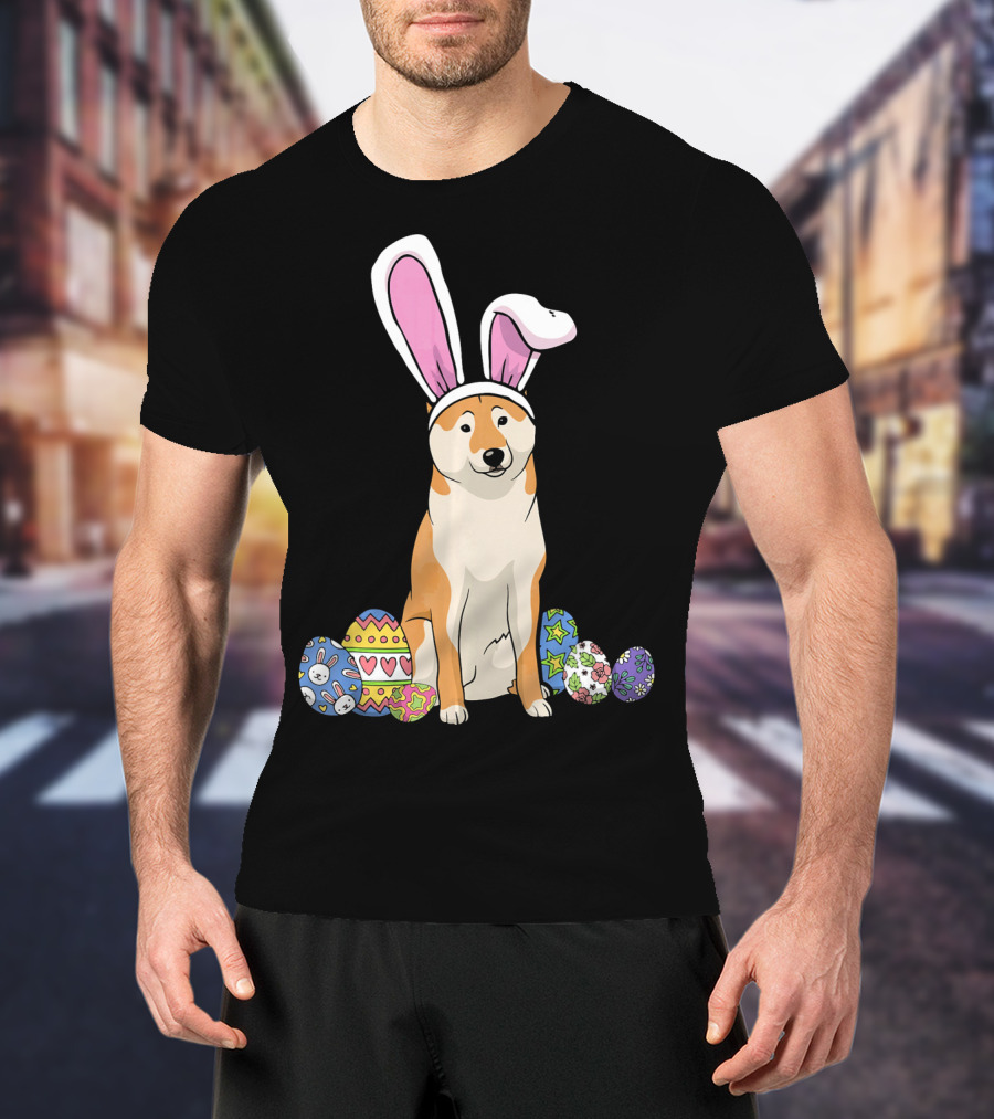 Shiba Inu With Bunny Ears And Colorful Easter Eggs T-Shirt