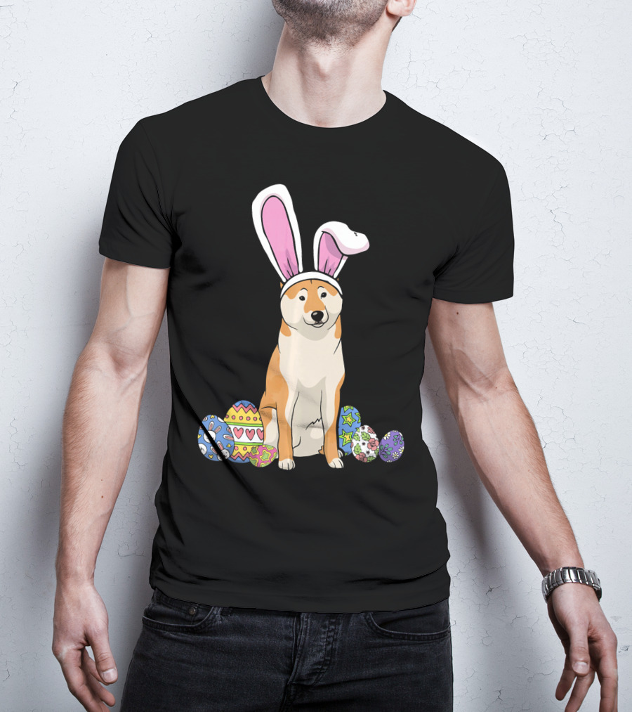 Shiba Inu With Bunny Ears And Colorful Easter Eggs T-Shirt