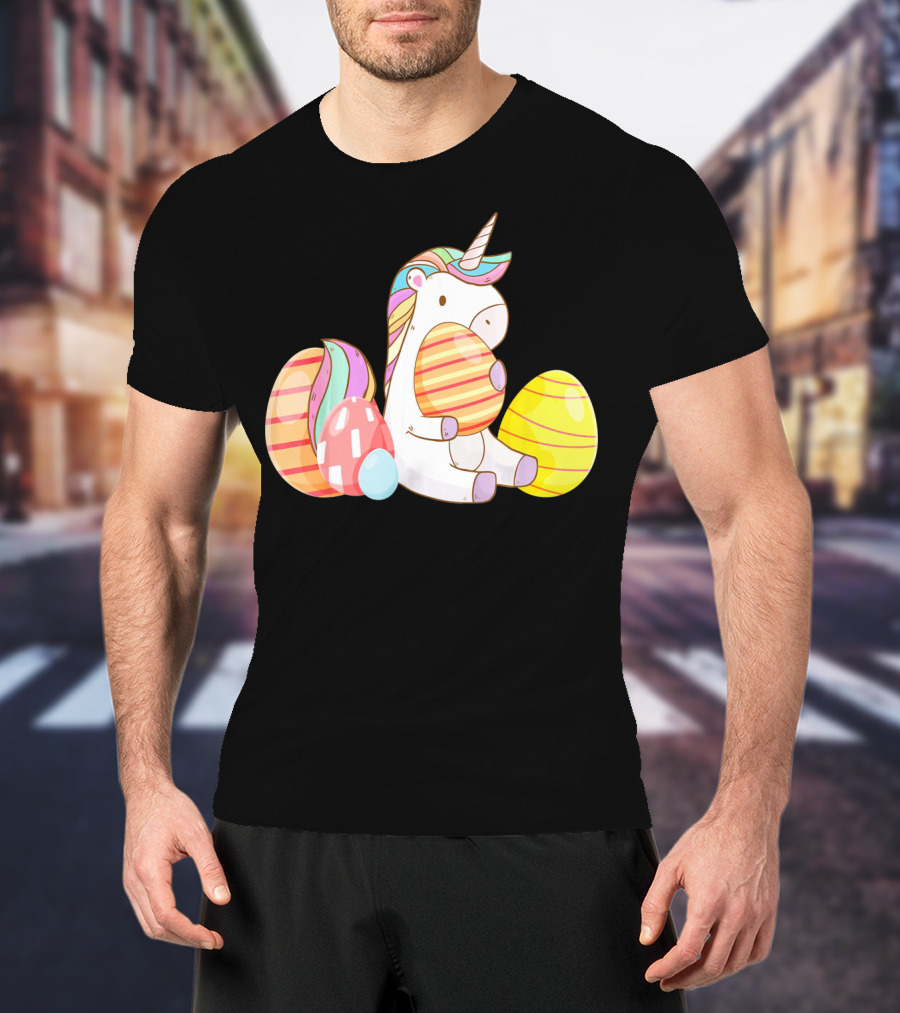 Unicorn Bunny Hugging Colorful Easter Eggs T-Shirt