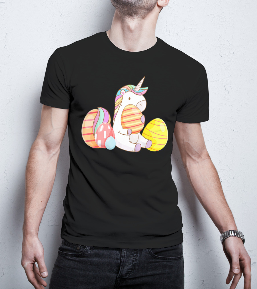 Unicorn Bunny Hugging Colorful Easter Eggs T-Shirt
