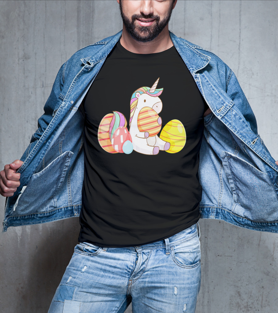 Unicorn Bunny Hugging Colorful Easter Eggs T-Shirt