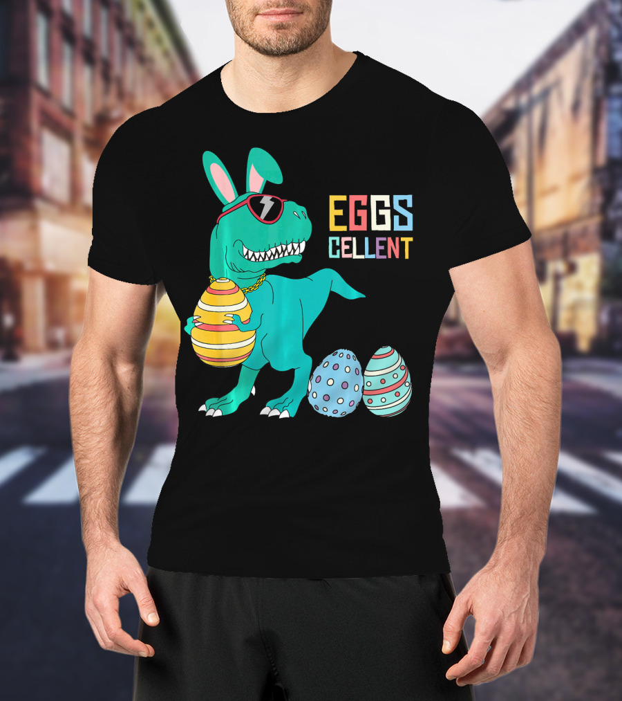 Easter Dinosaur Eggs Cellent T-Rex With Sunglasses And Striped Polka Dot Eggs T-Shirt