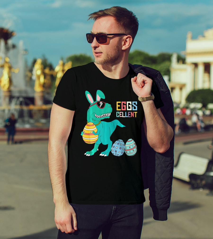 Easter Dinosaur Eggs Cellent T-Rex With Sunglasses And Striped Polka Dot Eggs T-Shirt