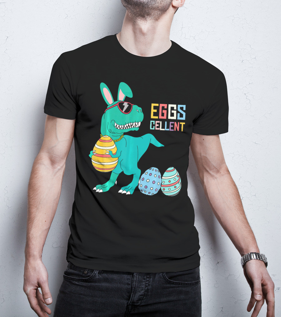 Easter Dinosaur Eggs Cellent T-Rex With Sunglasses And Striped Polka Dot Eggs T-Shirt