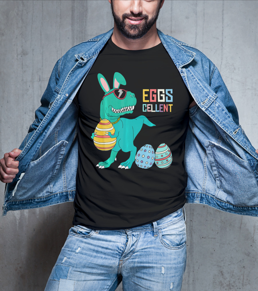 Easter Dinosaur Eggs Cellent T-Rex With Sunglasses And Striped Polka Dot Eggs T-Shirt