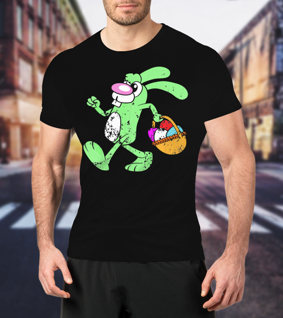 Retro Vintage Grunge Easter Bunny With Colorful Egg Basket T-Shirt