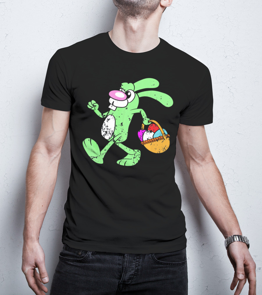 Retro Vintage Grunge Easter Bunny With Colorful Egg Basket T-Shirt