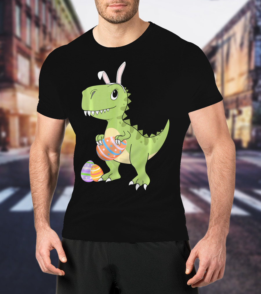 Easter Dinosaur Kids T-Rex With Bunny Ears Holding Colorful Eggs T-Shirt