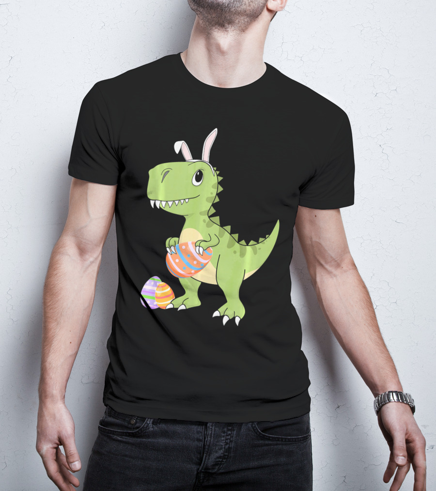 Easter Dinosaur Kids T-Rex With Bunny Ears Holding Colorful Eggs T-Shirt