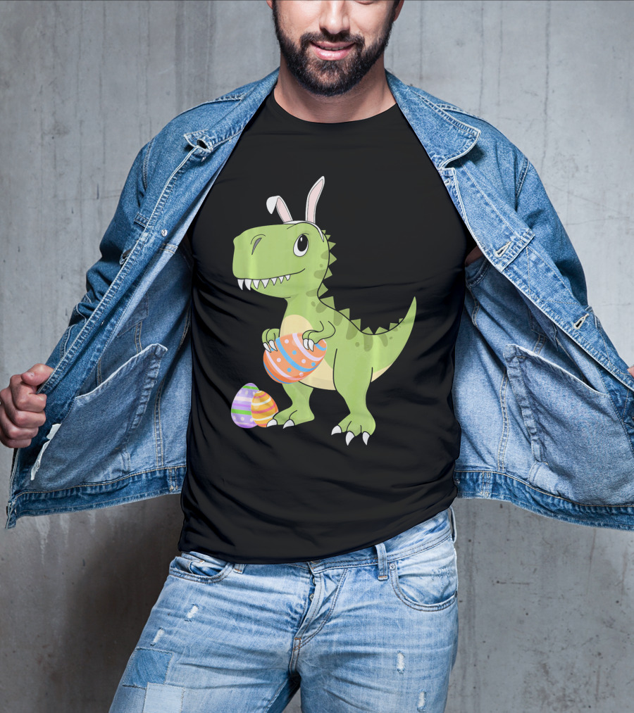 Easter Dinosaur Kids T-Rex With Bunny Ears Holding Colorful Eggs T-Shirt