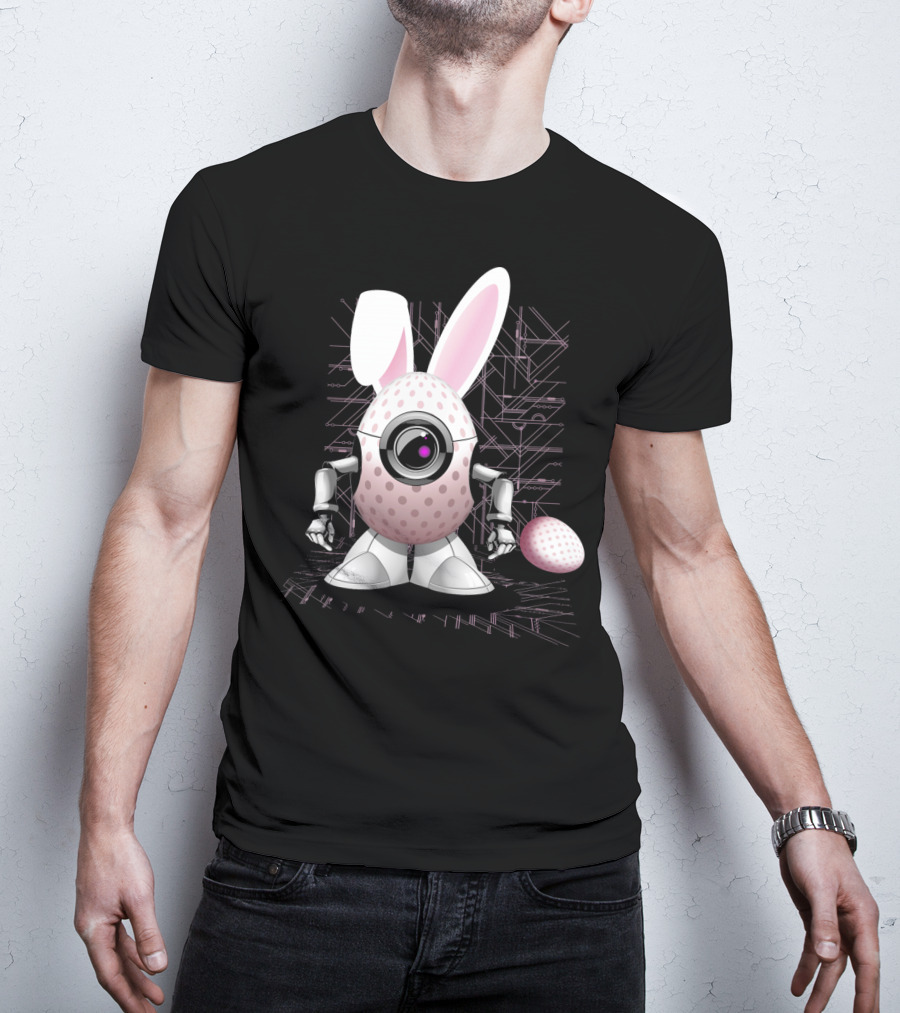 Happy Easter Bunny Robot Egg With Camera Eye And Circuit Background T-Shirt