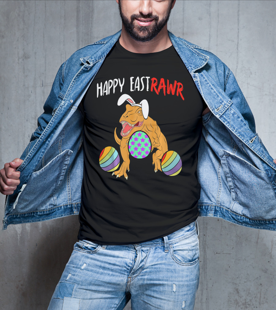 Happy Eastrawr Dinosaur Easter With Bunny Ears And Colorful Eggs T-Shirt