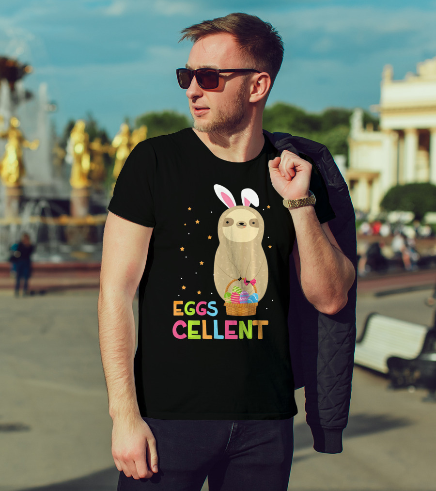 Sloth In Bunny Ears Holding Easter Eggs Cellent Basket T-Shirt