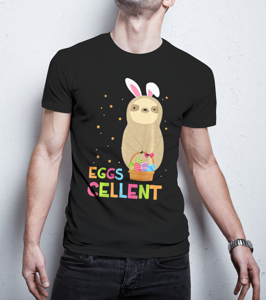 Sloth In Bunny Ears Holding Easter Eggs Cellent Basket T-Shirt