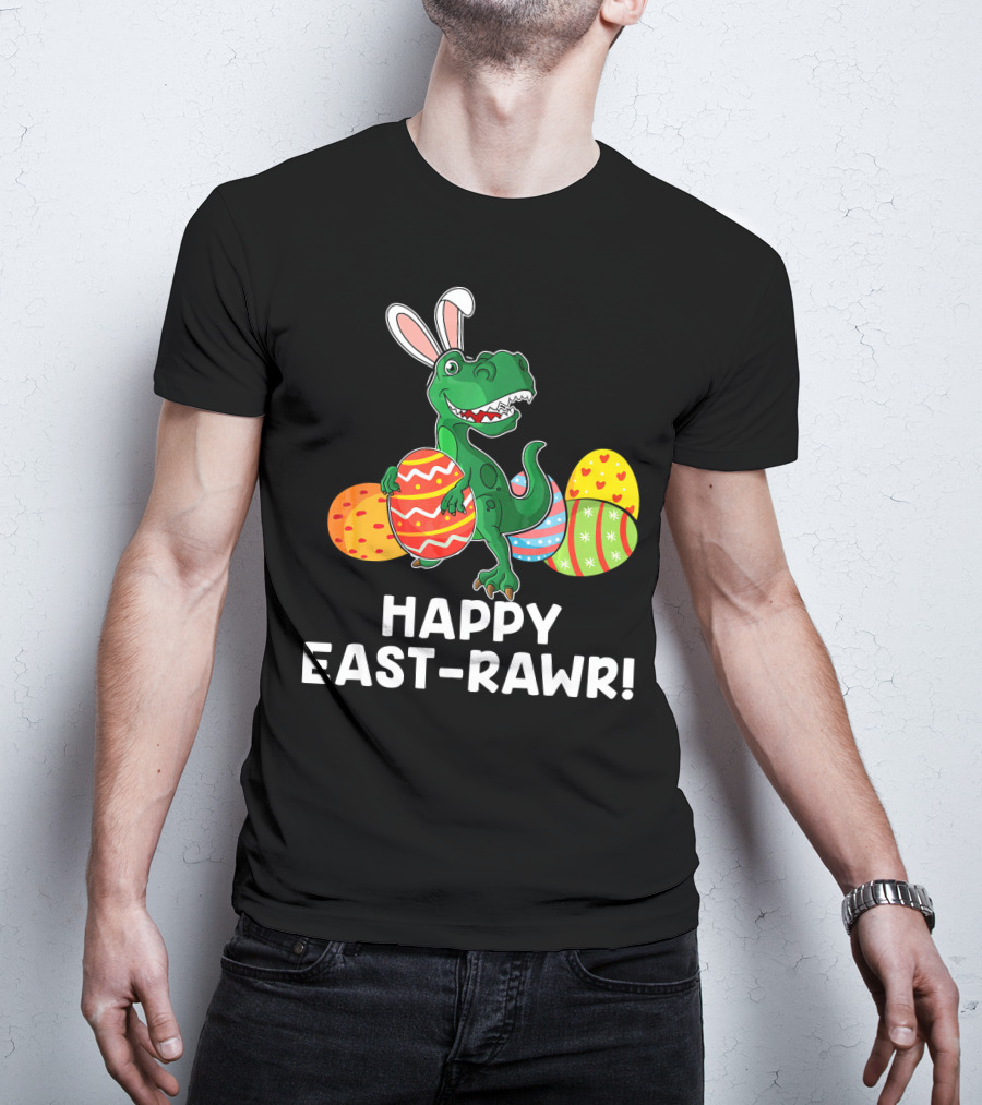 Happy East-Rawr Rex Bunny With Easter Eggs T-Shirt