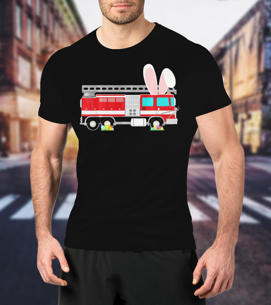 Easter Bunny Ear Fire Truck With Eggs And Carrots T-Shirt