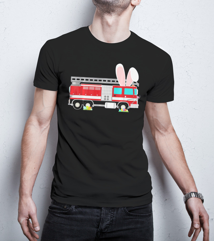 Easter Bunny Ear Fire Truck With Eggs And Carrots T-Shirt