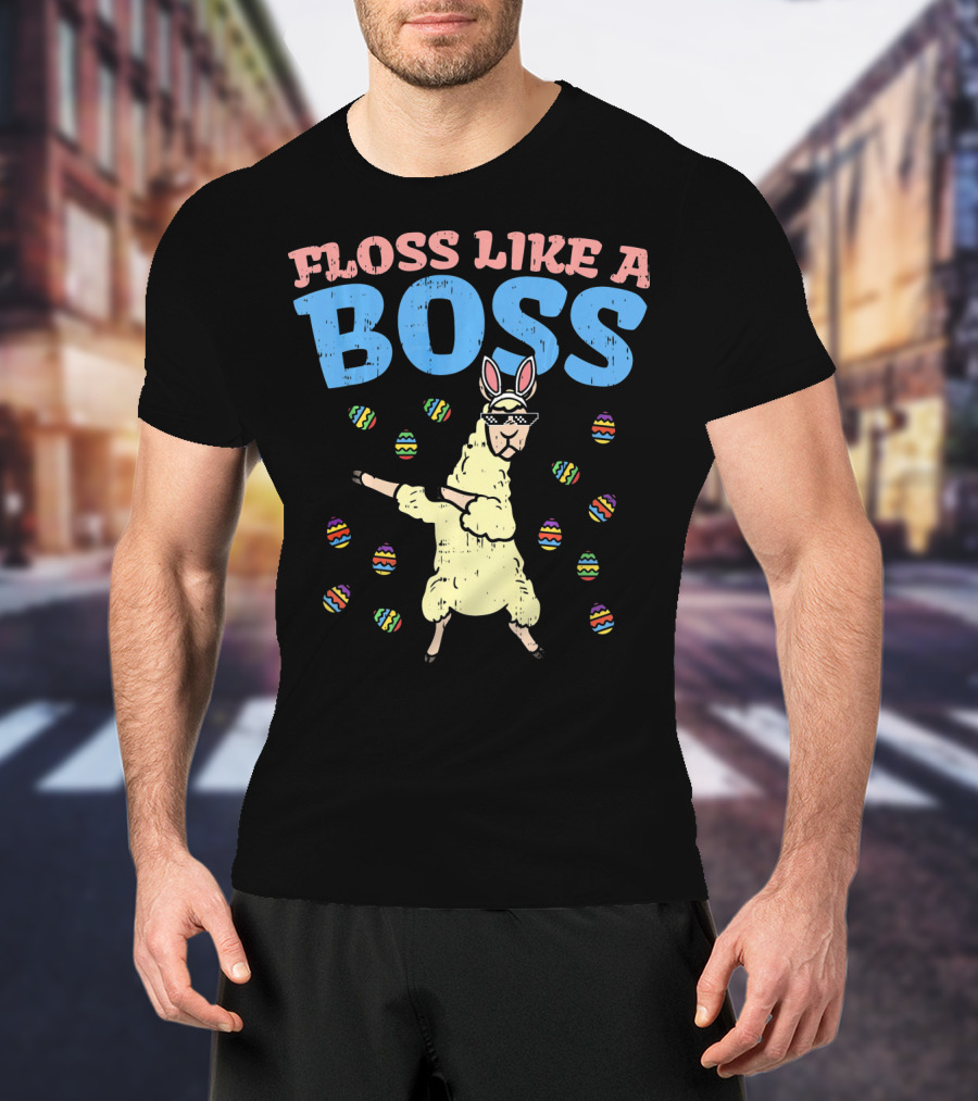 Floss Like A Boss Easter Llama Dancing With Bunny Ears And Colorful Eggs T-Shirt